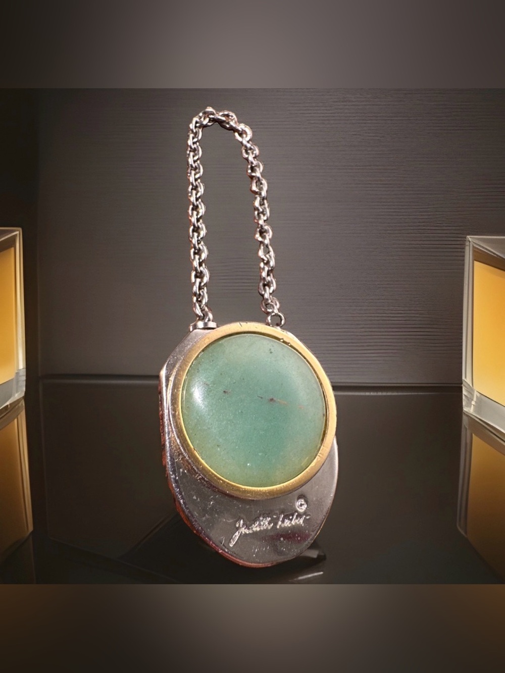 Vintage Judith Lieber Cabochon Green Stone Keychain Jade 1”X1.5” Made In Italy